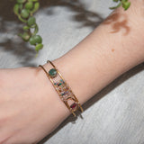 Brass skinny bracelet with flashy blue labradorite cube, garnet tile, green amethyst gemstones on sterling silver wire