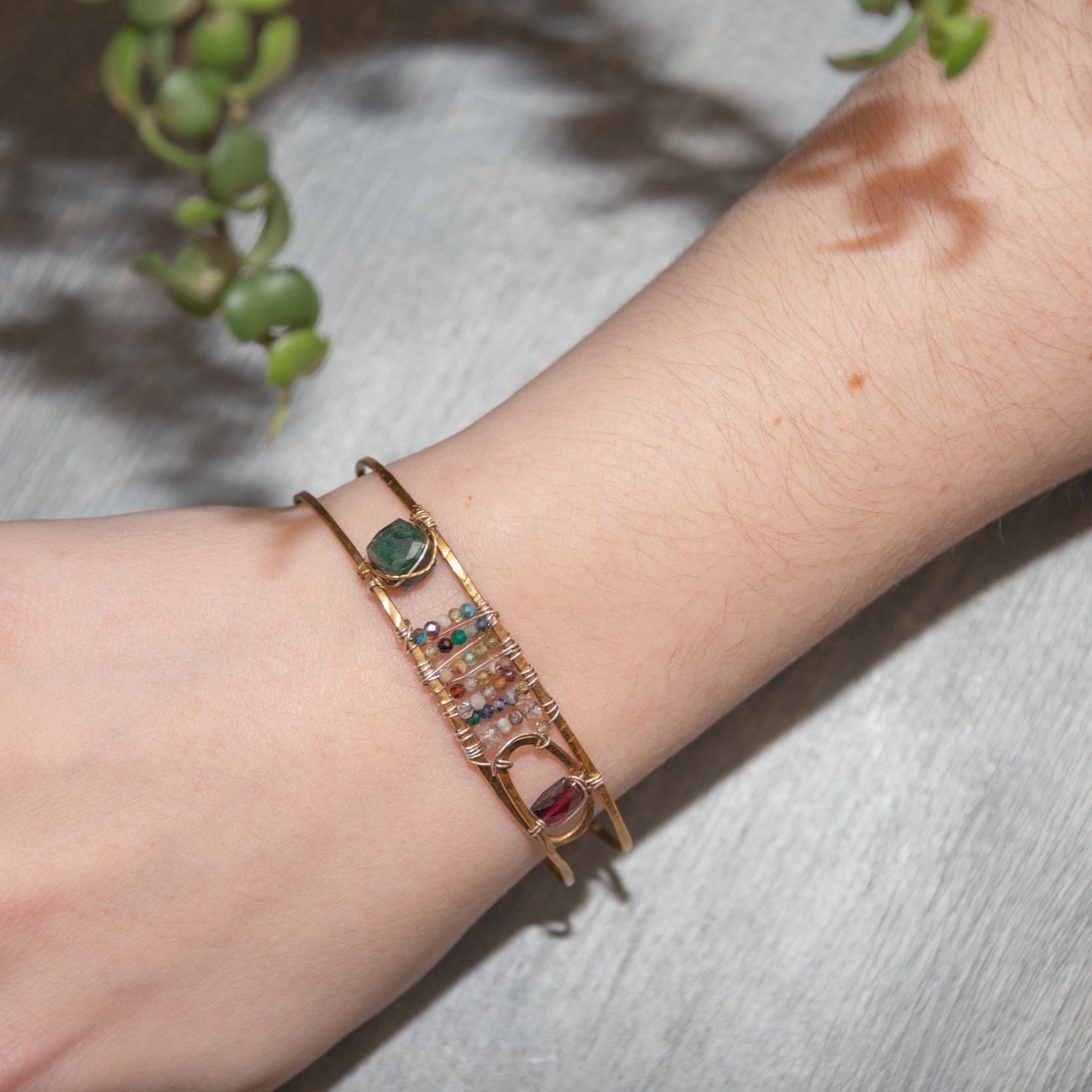 Brass skinny bracelet with flashy blue labradorite cube, garnet tile, green amethyst gemstones on sterling silver wire