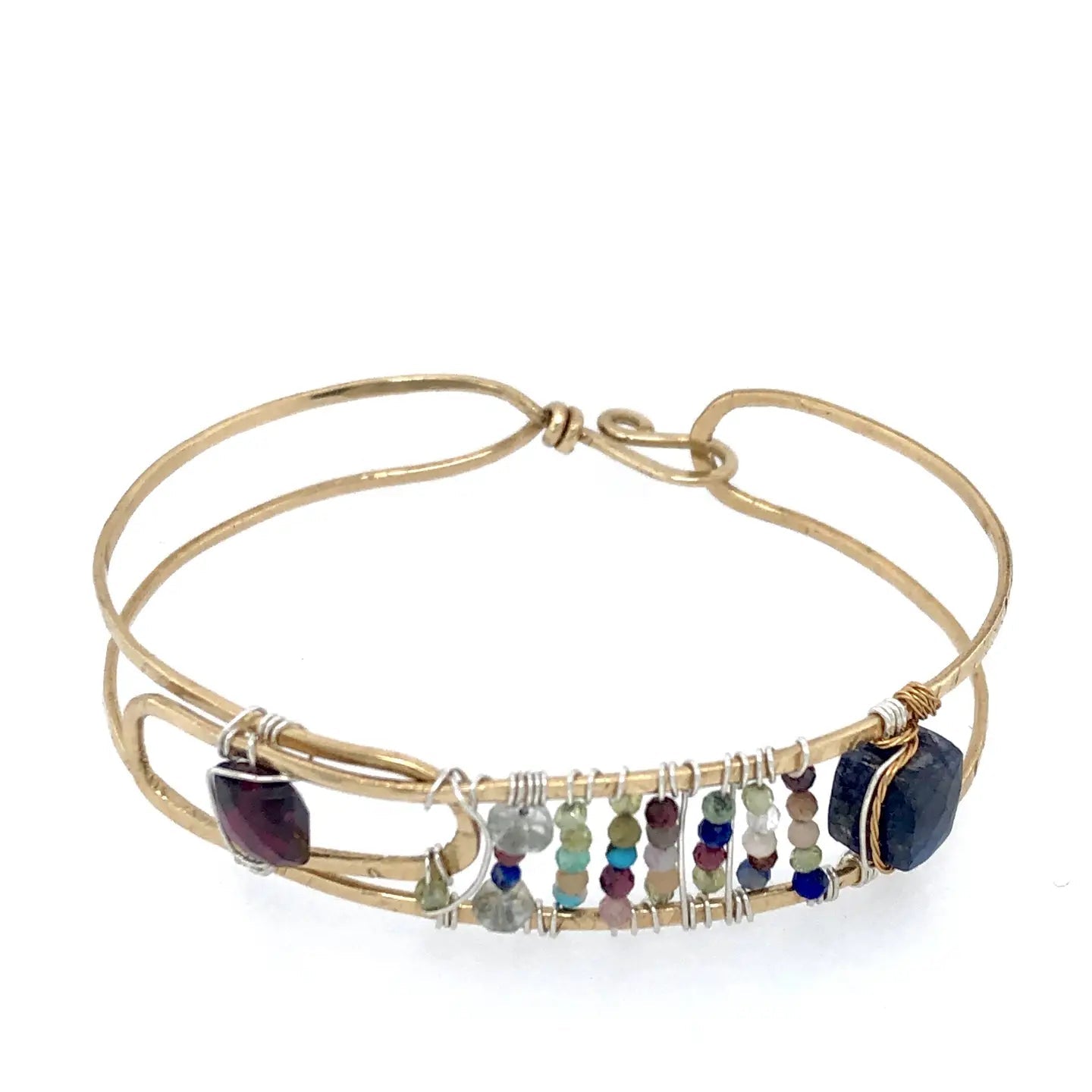 Brass skinny bracelet with flashy blue labradorite cube, garnet tile, green amethyst gemstones on sterling silver wire