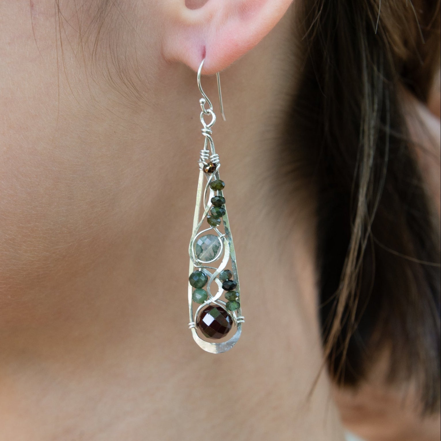 Handmade drop earrings featuring faceted garnet gemstones, by Art by any Means Jewelry