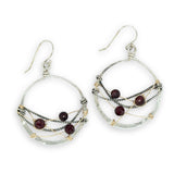 handmade sterling silver hoops with garnet faceted coins, gold-filled wire and darkened sterling silver twisted wire