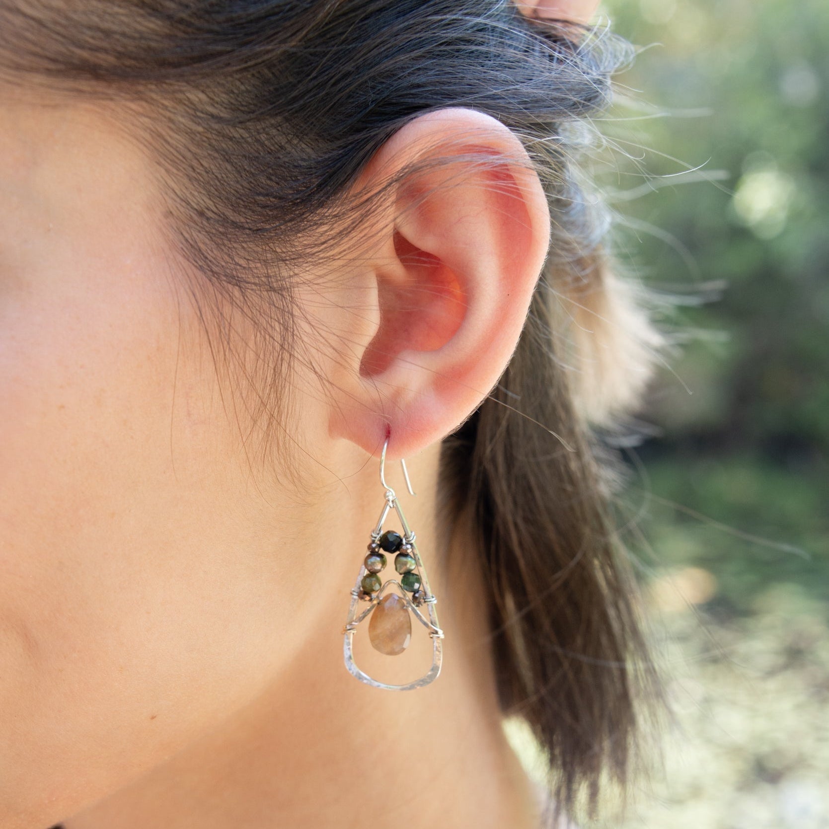 Handmade drop earrings featuring tourmaline gemstones, by Art by any Means Jewelry
