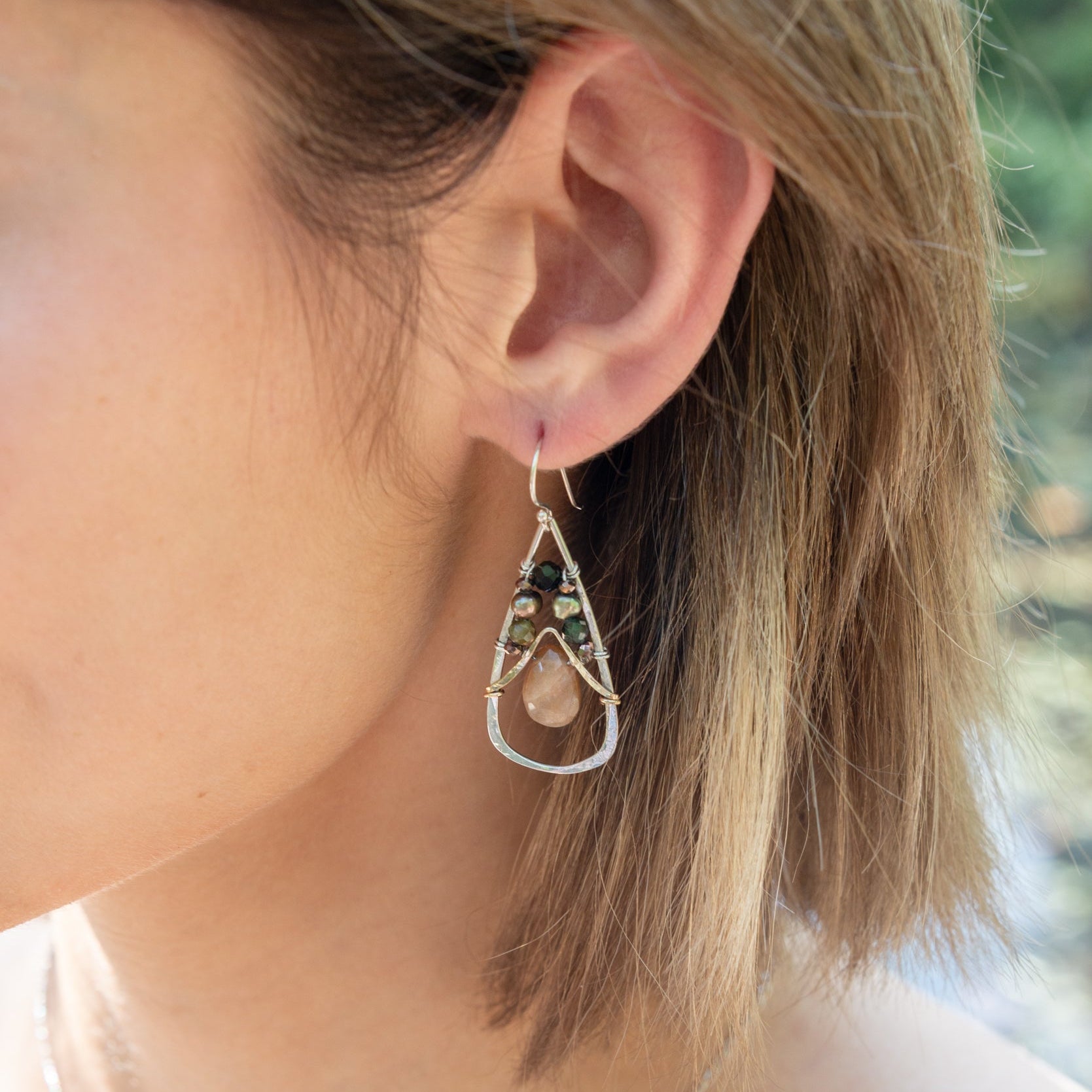 Handmade drop earrings featuring tourmaline gemstones, by Art by any Means Jewelry