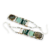 labradorite, jade, moss agate, chrysocolla in oxidized sterling silver skinny ladder earring frame on gold filled wire