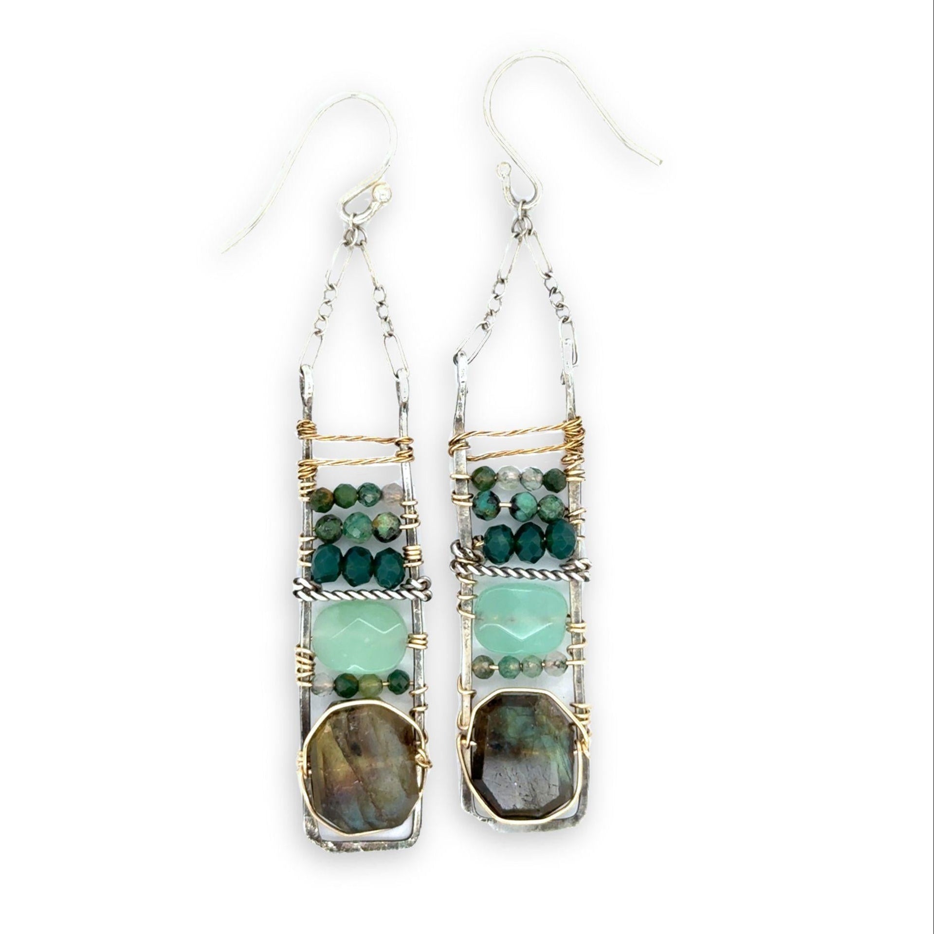 labradorite, jade, moss agate, chrysocolla in oxidized sterling silver skinny ladder earring frame on gold filled wire
