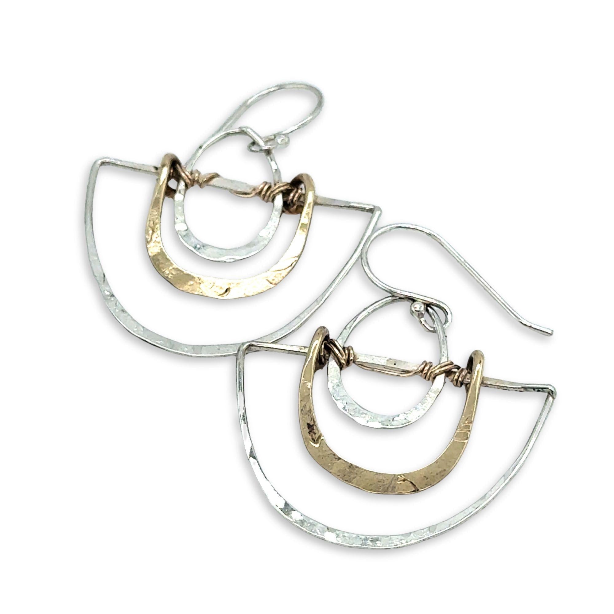 Handmade sterling silver half moons, sterling silver mini ovals, stamped brass arches attached to them with gold filled wire