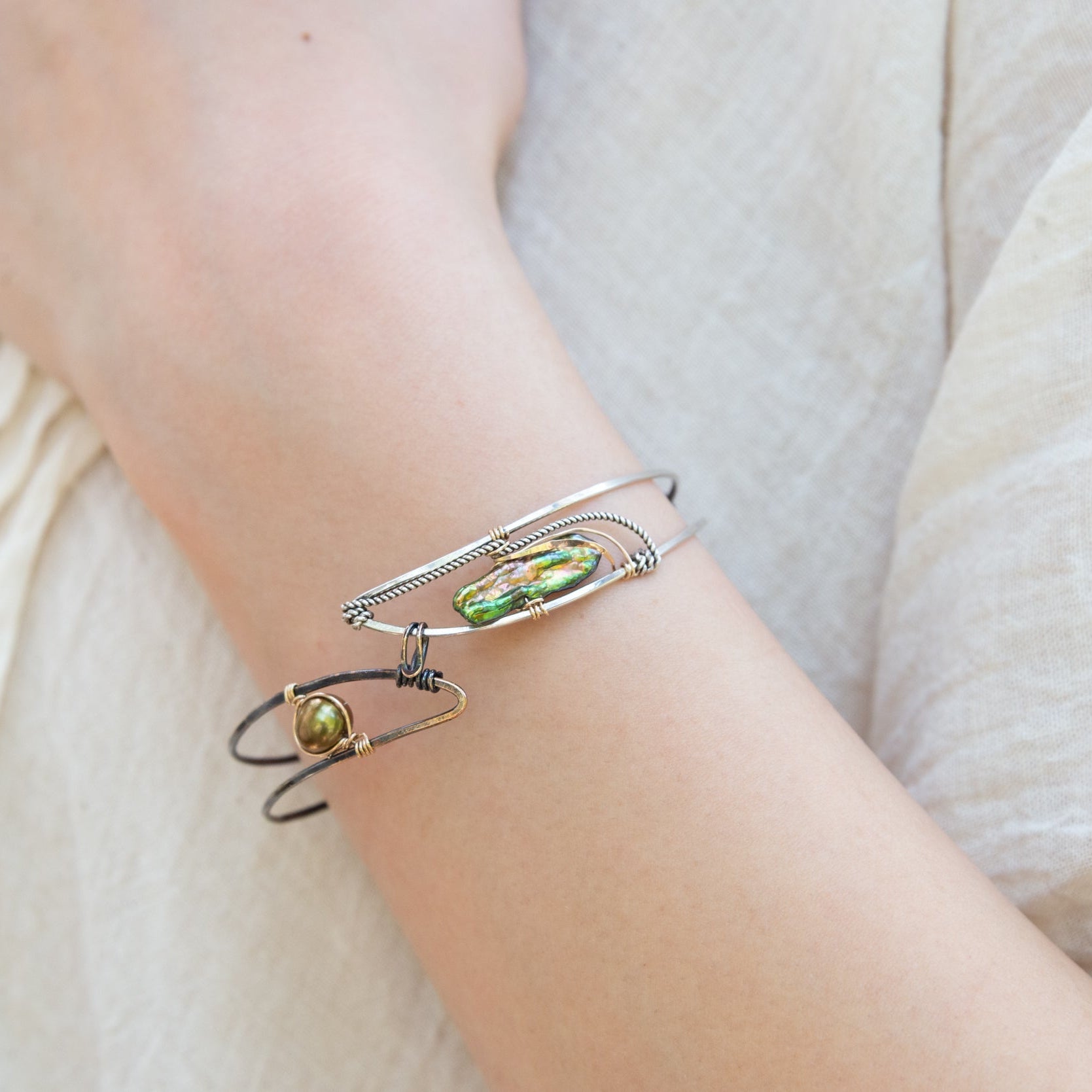 Handmade oxidized sterling silver olive branch bracelet with freshwater pearls, by Art by any Means Jewelry