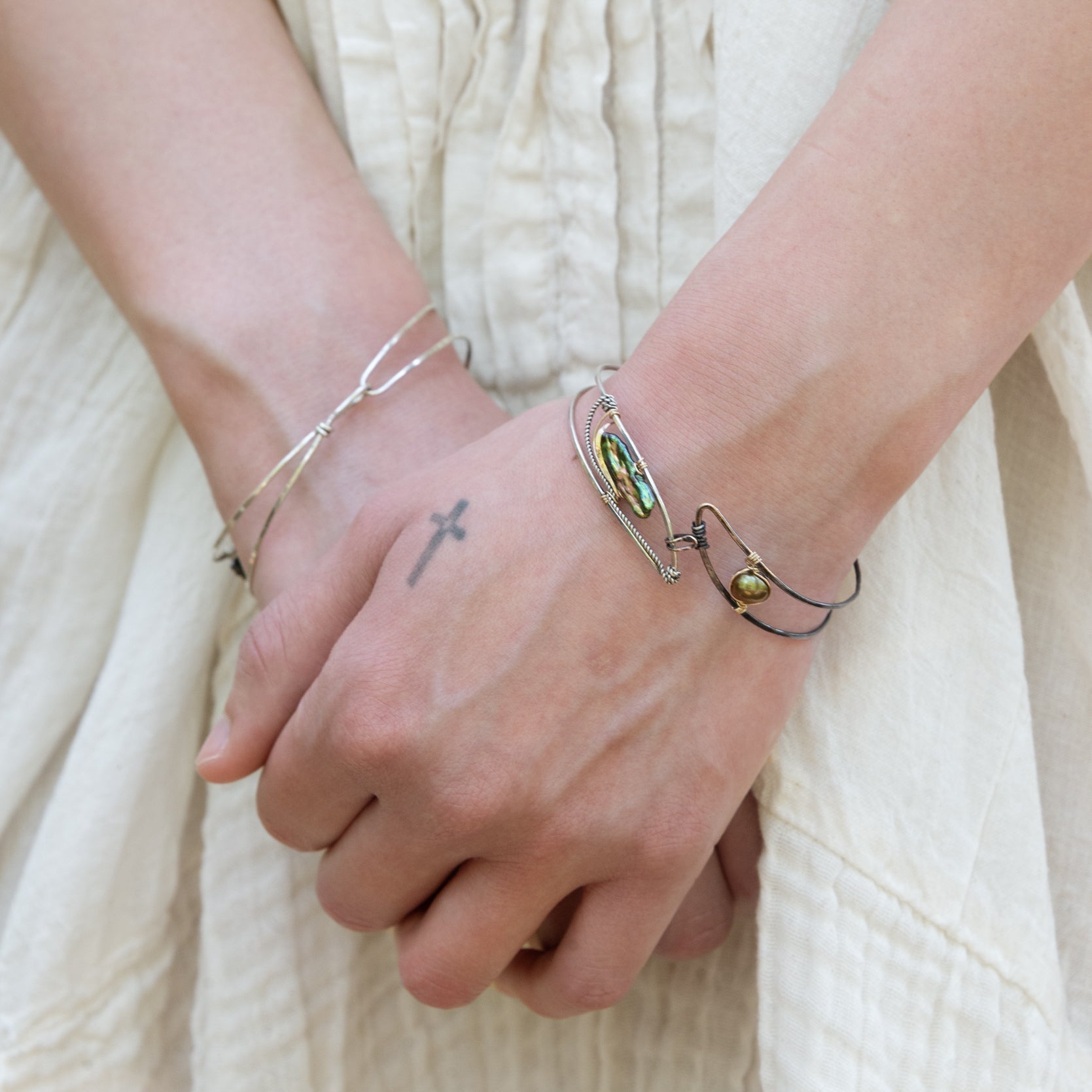 Handmade oxidized sterling silver olive branch bracelet with freshwater pearls, by Art by any Means Jewelry