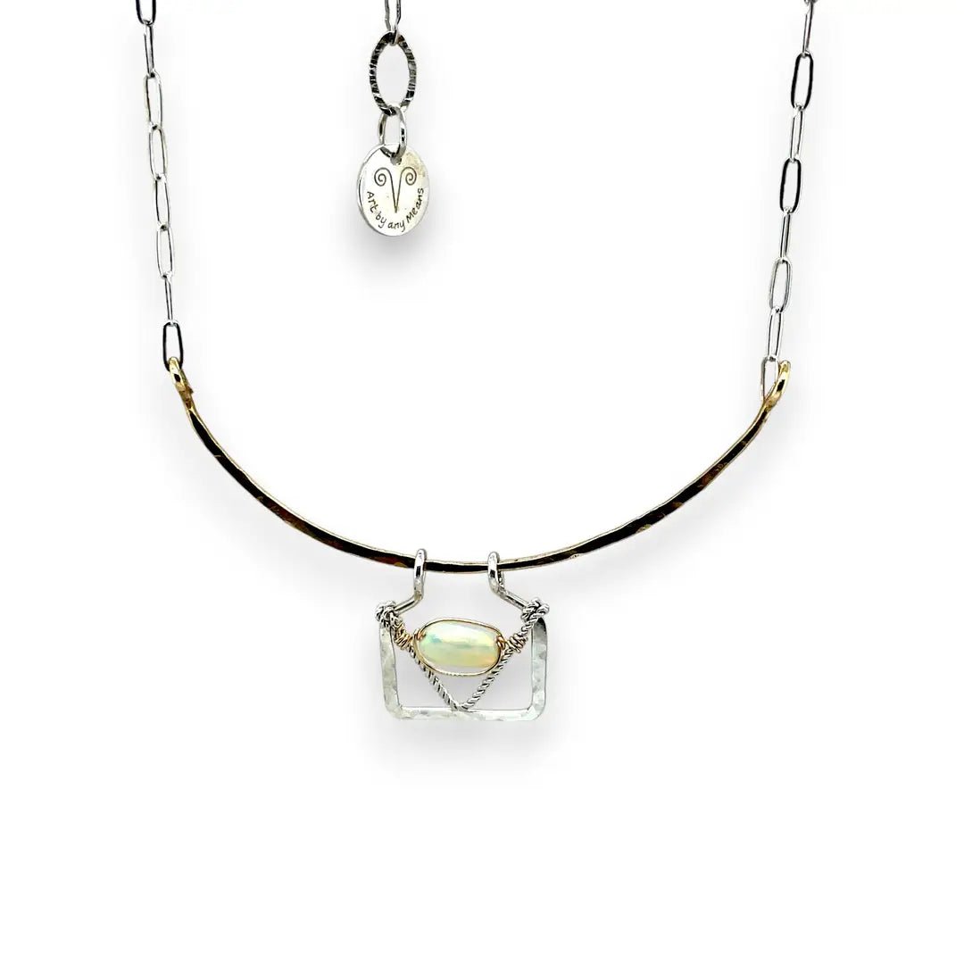Handmade opal gemstone slide necklace with hammered brass arch and sterling silver house pendant - Art by any Means Jewelry