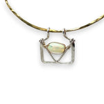 Handmade opal gemstone slide necklace with brass and sterling silver pendant worn on model - Art by any Means Jewelry