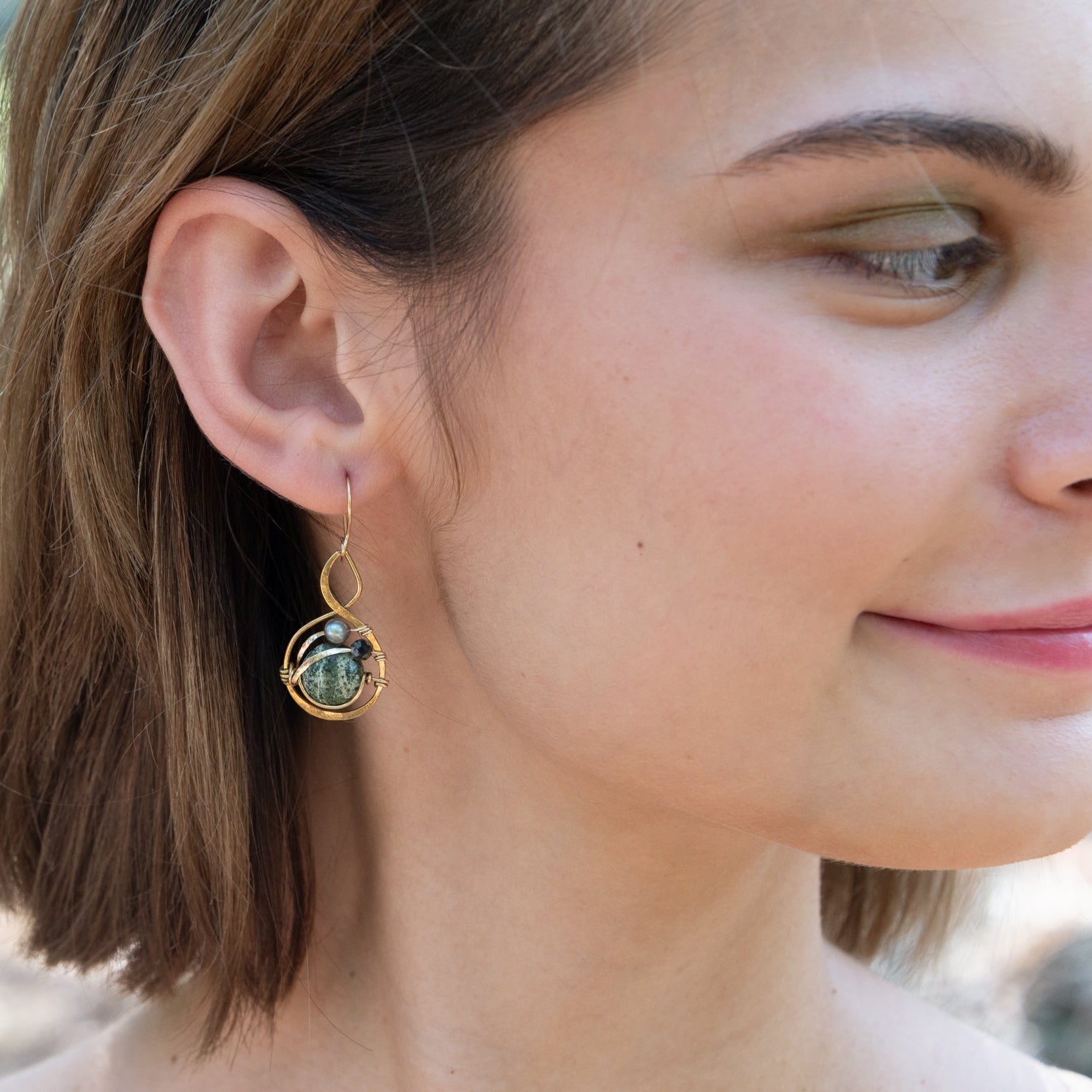 Handmade drop earrings featuring zebra jasper gemstones, by Art by any Means Jewelry