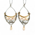 Sterling silver earrings with brass above fresh water pearl and labradorite gemstones with a champagne color pearl dangle