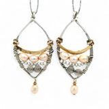 Sterling silver earrings with brass above fresh water pearl and labradorite gemstones with a champagne color pearl dangle