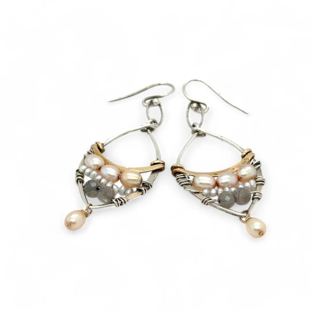 Sterling silver earrings with brass above fresh water pearl and labradorite gemstones with a champagne color pearl danglepearl dangle