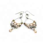 Sterling silver earrings with brass above fresh water pearl and labradorite gemstones with a champagne color pearl danglepearl dangle
