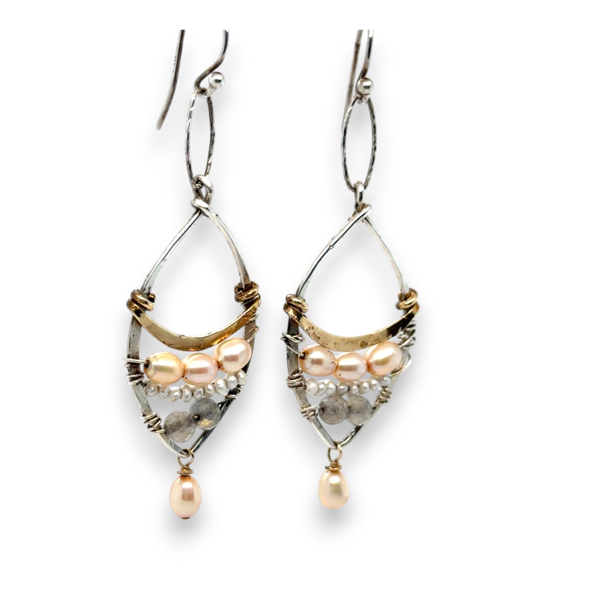 Sterling silver earrings with brass above fresh water pearl and labradorite gemstones with a champagne color pearl dangle