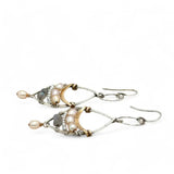 Sterling silver earrings with brass above fresh water pearl and labradorite gemstones with a champagne color pearl dangle