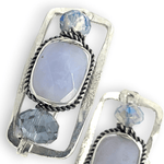 rectangular post earrings with chalcedony stones set in braided oxidized sterling silver, featuring faceted crystal accents