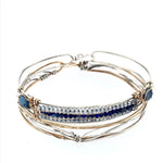 sterling silver bracelet with bronze bars, lapis, blue quartz gemstones, with blue crystal drops and freshwater pearls