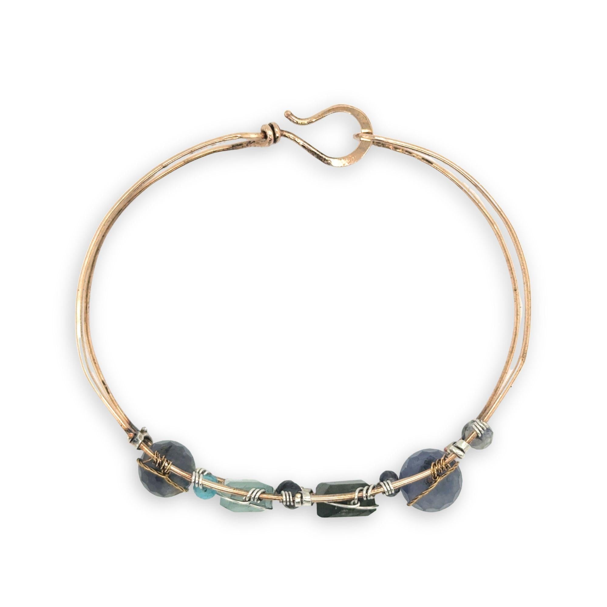 labradorite aquamarine iolite apatite gemstones in sterling silver and brass twist wires hammered bronze cuff bracelet
