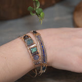 labradorite aquamarine iolite apatite gemstones in sterling silver and brass twist wires hammered bronze cuff bracelet