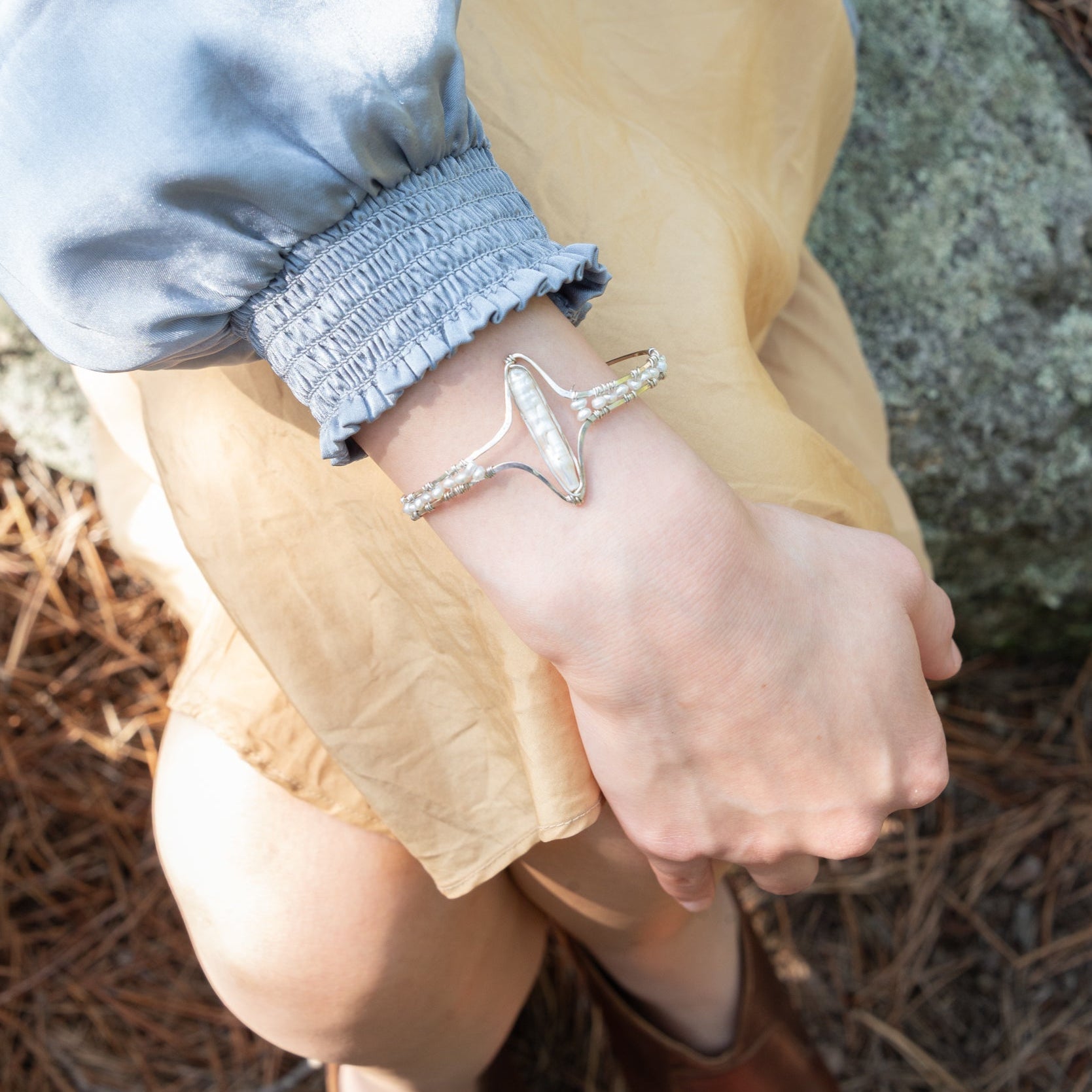 Handmade hammered sterling silver cuff bracelet with freshwater pearls, by Art by any Means Jewelry