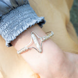 Handmade hammered sterling silver cuff bracelet with freshwater pearls, by Art by any Means Jewelry
