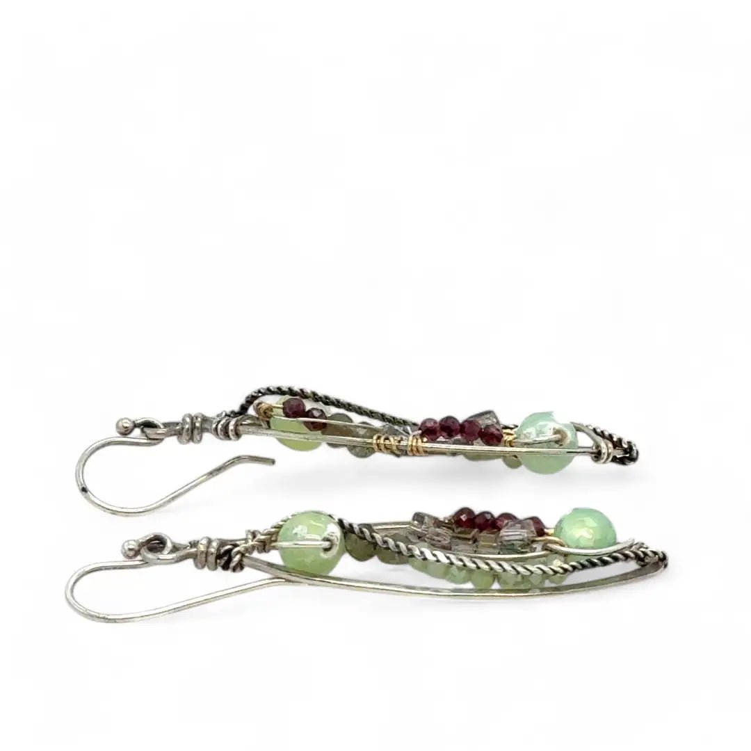 glowing green fire agate, pink garnet, and green kyanite gemstones, oxidized sterling silver veins and silver French hooks