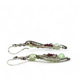 glowing green fire agate, pink garnet, and green kyanite gemstones, oxidized sterling silver veins and silver French hooks