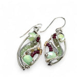 glowing green fire agate, pink garnet, and green kyanite gemstones, oxidized sterling silver veins and silver French hooks
