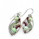 glowing green fire agate, pink garnet, and green kyanite gemstones, oxidized sterling silver veins and silver French hooks