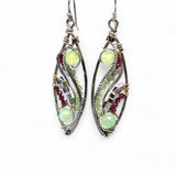 glowing green fire agate, pink garnet, and green kyanite gemstones, oxidized sterling silver veins and silver French hooks