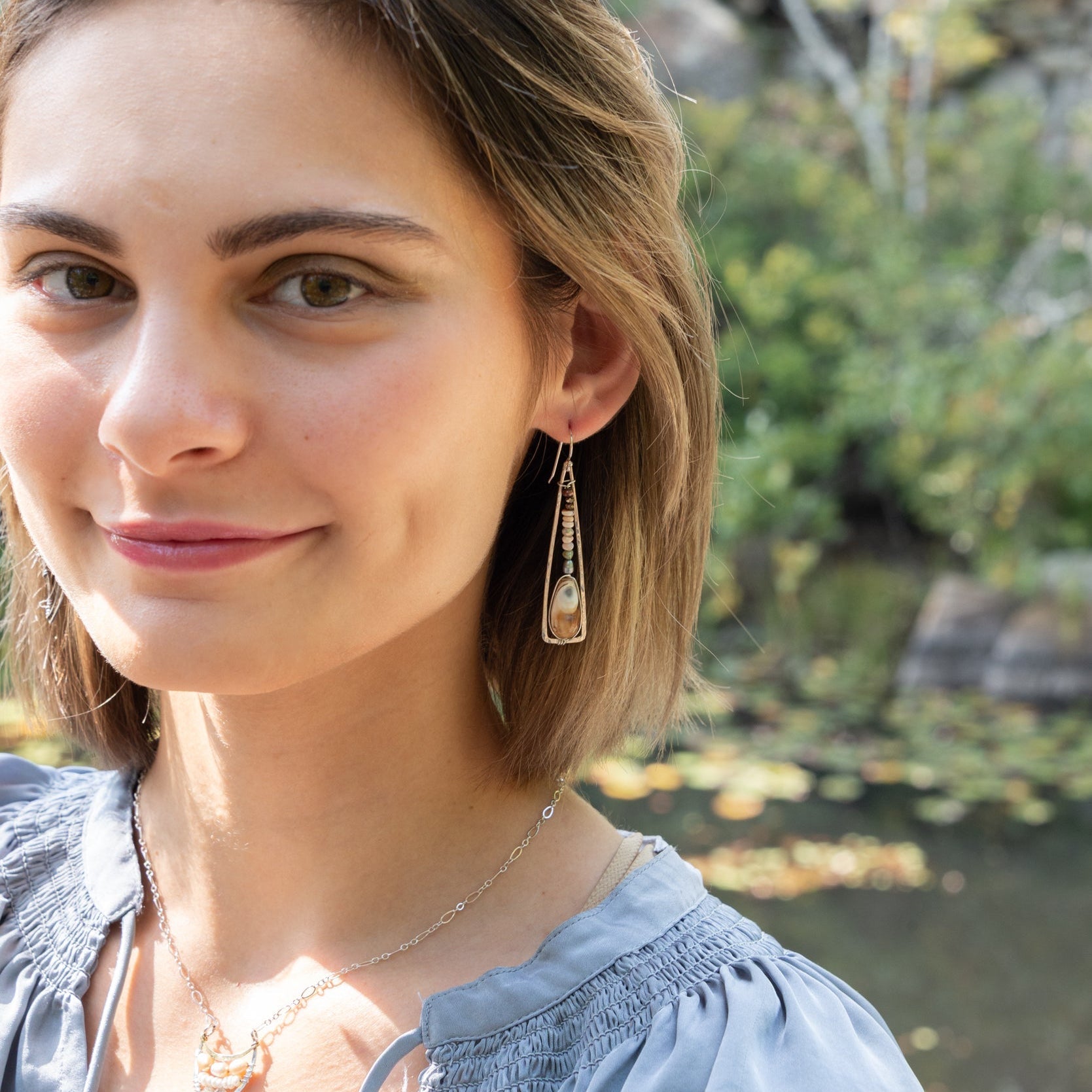 Handmade drop earrings featuring banded agate gemstones, by Art by any Means Jewelry