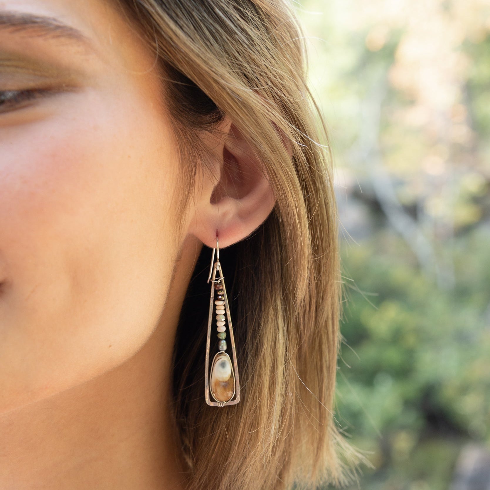 Handmade drop earrings featuring banded agate gemstones, by Art by any Means Jewelry