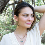 Handmade earrings featuring tourmaline gemstones in a garden-inspired design, by Art by any Means Jewelry