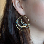 Lightweight brass handmade hammered statement hoop earrings lined with labradorite faceted gemstones