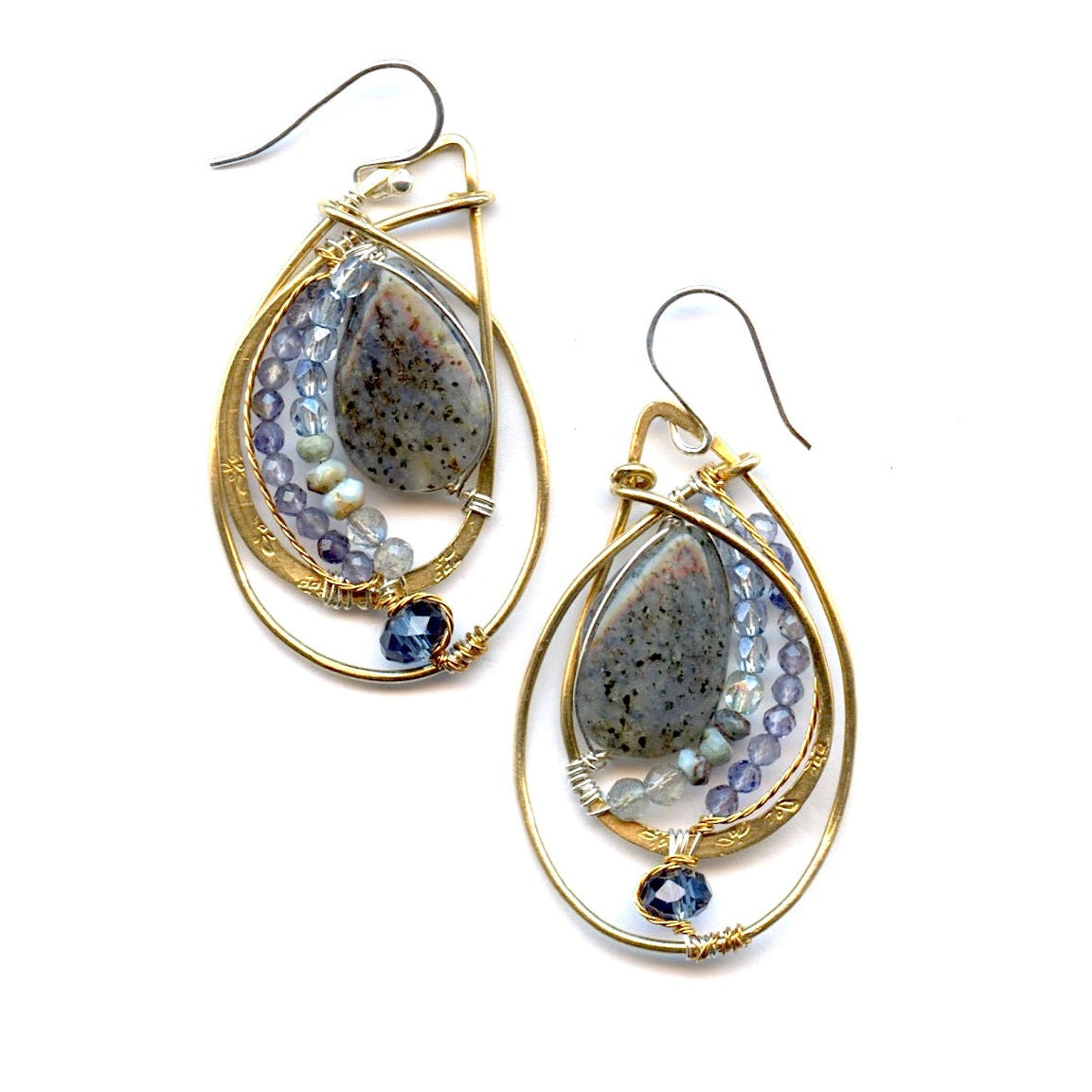 Brass leaf stamped drop earrings with smooth agate drops, iolite, and larimar gemstones