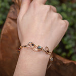 Brass and sterling silver braided bracelet adorned with  flashy labradorite cubes, hessonite garnet, and iolite gemstones