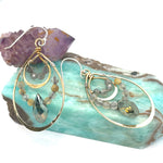 Double drop brass earrings with rutilated quartz, labradorite faceted gemstones, and a blue green crystal drop held on gold-filled and sterling silver wires