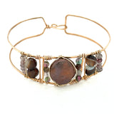 Chocolate pearl coin, striped brown agate, watermelon tourmaline, and cherry rutilated quartz gemstones held within our handmade bronze cuff on gold filled wire