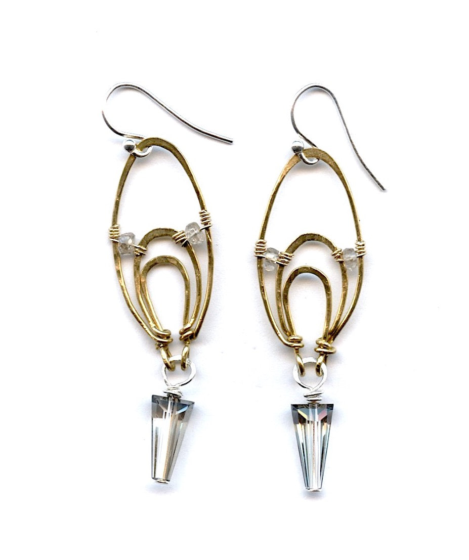 triple layered bronze drop earrings with silver/blue crystal drop and green amethyst accent