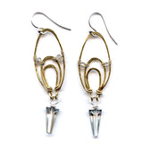 triple layered bronze drop earrings with silver/blue crystal drop and green amethyst accent