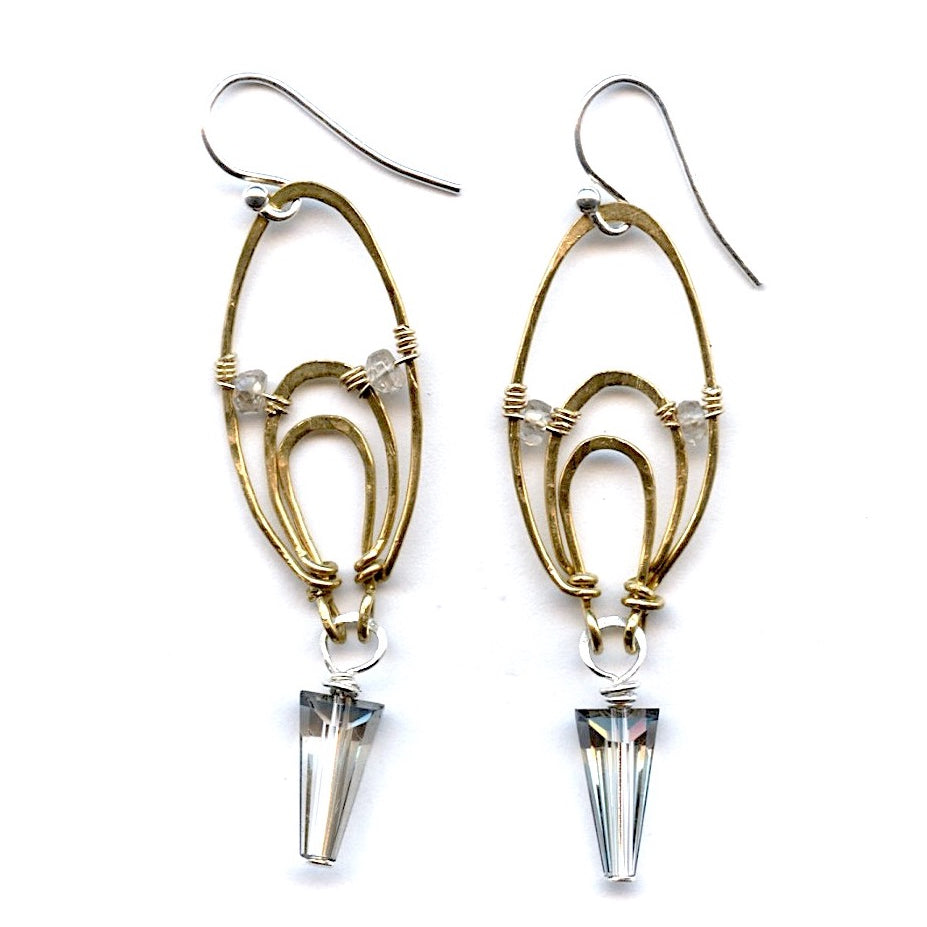 triple layered bronze drop earrings with silver/blue crystal drop and green amethyst accent