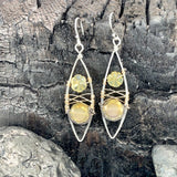 A pair of sterling silver marquise and gold-filled earrings with flower carved shaped prehnite gemstone and lemon crystal