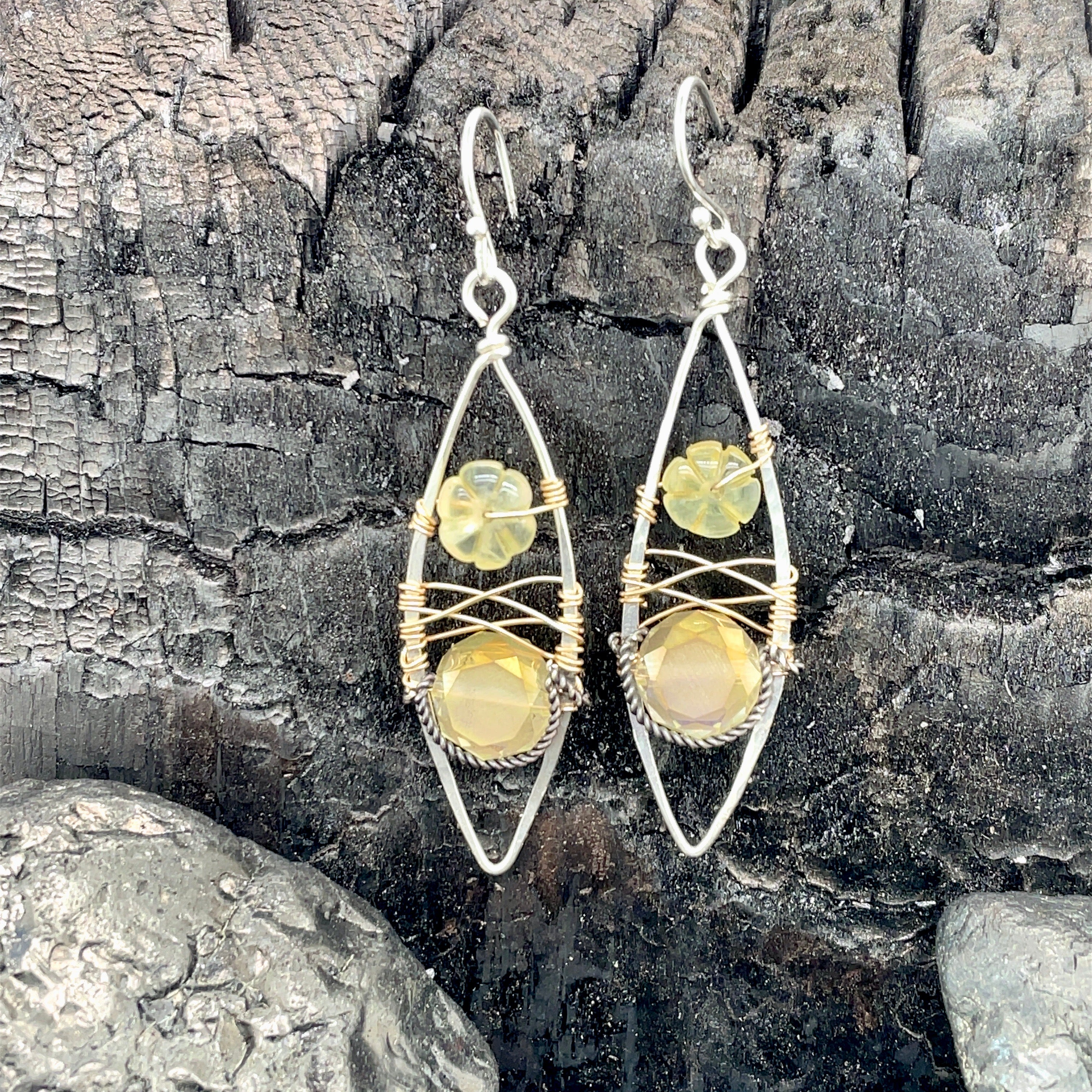 A pair of sterling silver marquise and gold-filled earrings with flower carved shaped prehnite gemstone and lemon crystal