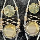 A pair of sterling silver marquise and gold-filled earrings with flower carved shaped prehnite gemstone and lemon crystal