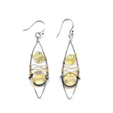 A pair of sterling silver marquise and gold-filled earrings with flower carved shaped prehnite gemstone and lemon crystal