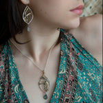 Sterling silver marquise necklace with moss agate and rutilated quartz gemstones in waves of brass and oxidized sterling twist wires