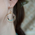 Handmade stamped double bronze mini hoop with apatite and tourmaline faceted gemstones