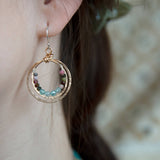 Handmade stamped double bronze mini hoop with apatite and tourmaline faceted gemstones